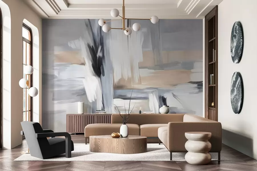 Фототапет Абстрактен стил на рисуване с текстура и мазки в нюанси на бяло, сиво и бежово w09651