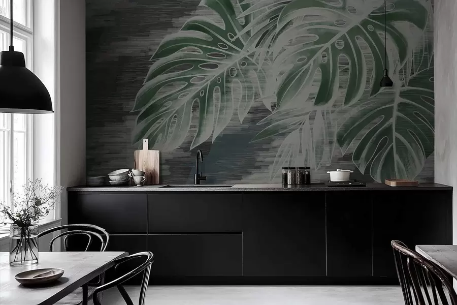 Фототапет Тъмнозелени листа на текстуриран тъмен фон w05130v4