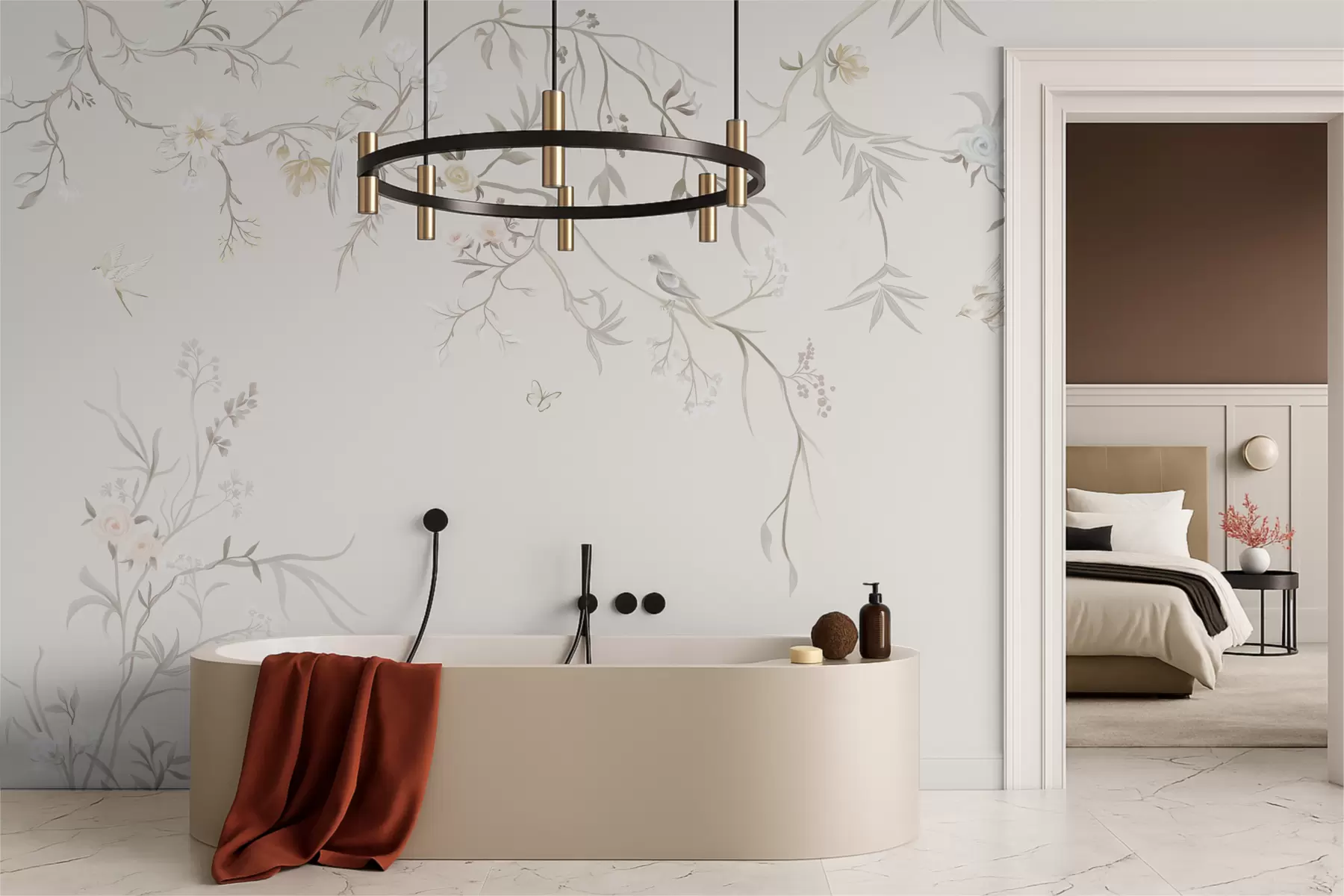 Фототапет Деликатни цветя и птици на фон от креда w05127