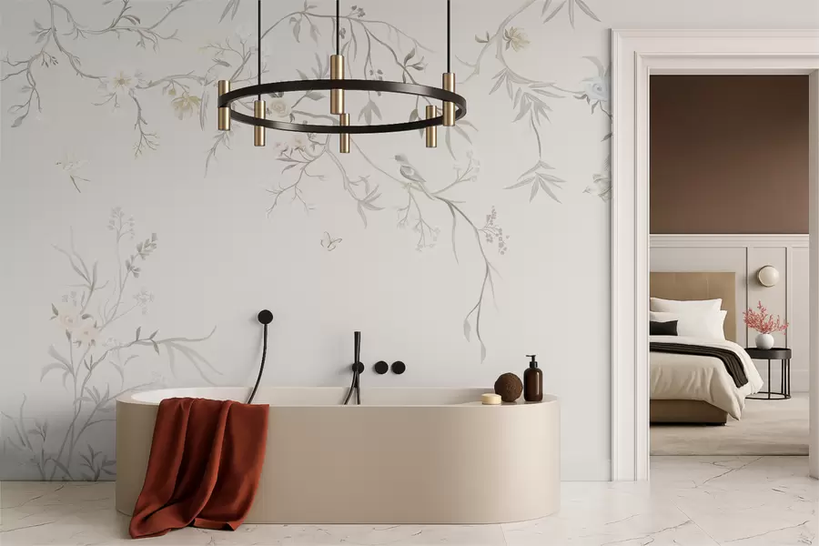 Фототапет Деликатни цветя и птици на фон от креда w05127