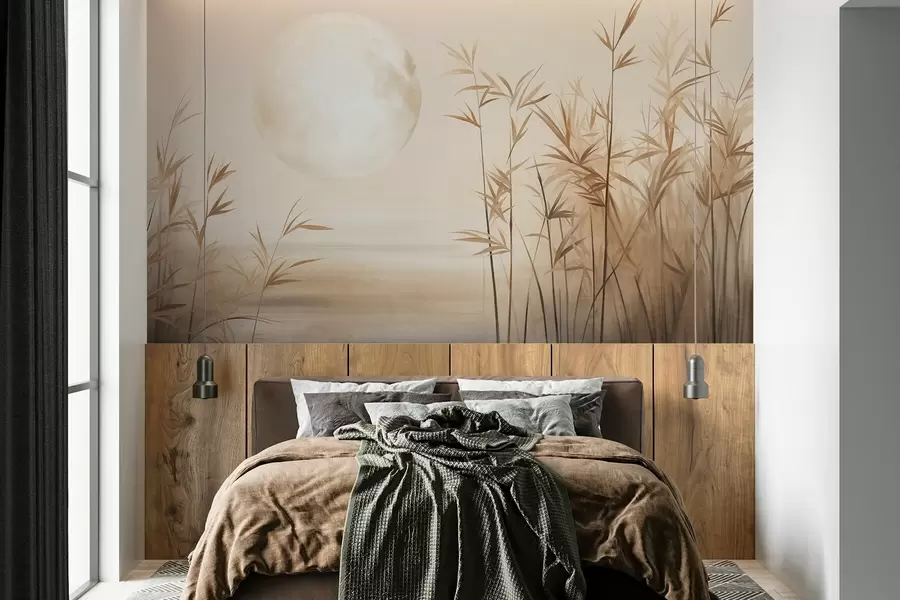 Фототапет Текстуриран пейзаж с високи тръстики, езеро и бледа луна в мъгливо небе w09631