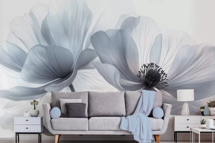 Фототапет Прозрачни синьо-бели цветя на светъл фон w09720