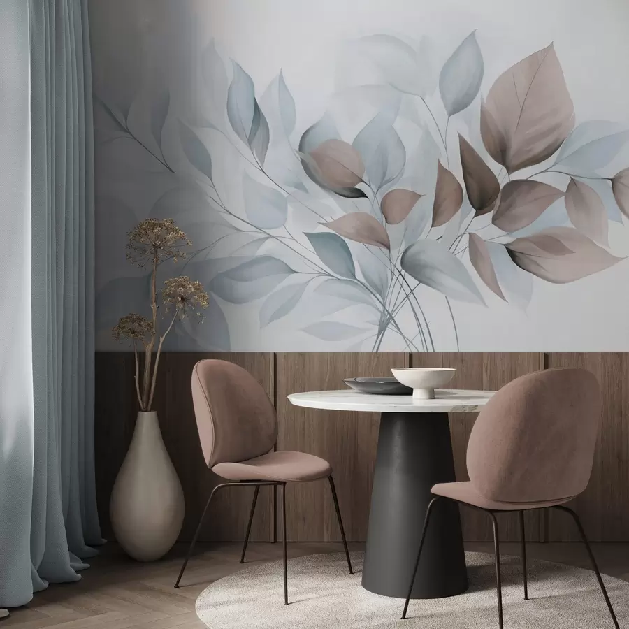 Фототапет Абстрактни прозрачни листа в нюанси на синьо, бежово и кафяво, текстурирано изкуство w09744v1