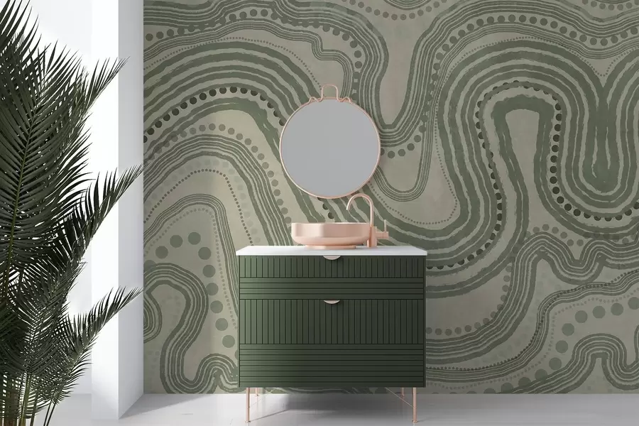 Фототапет Абстрактни зелени и бежови вълнообразни линии и точки, модерно текстурирано изкуство w09747