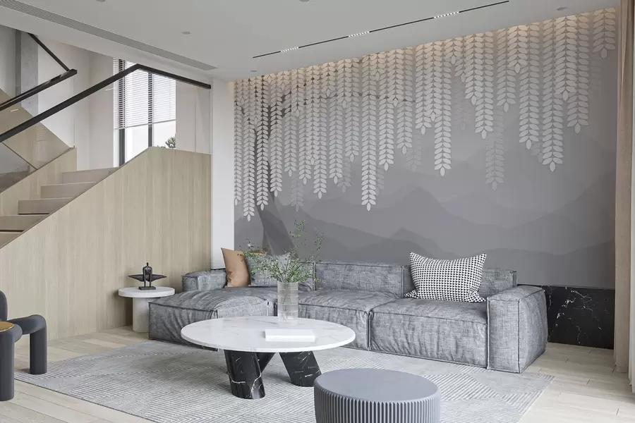 Фототапет стилизирана върба с висящи листа на фона на минималистични планини в нюанси на сивото w05232v3