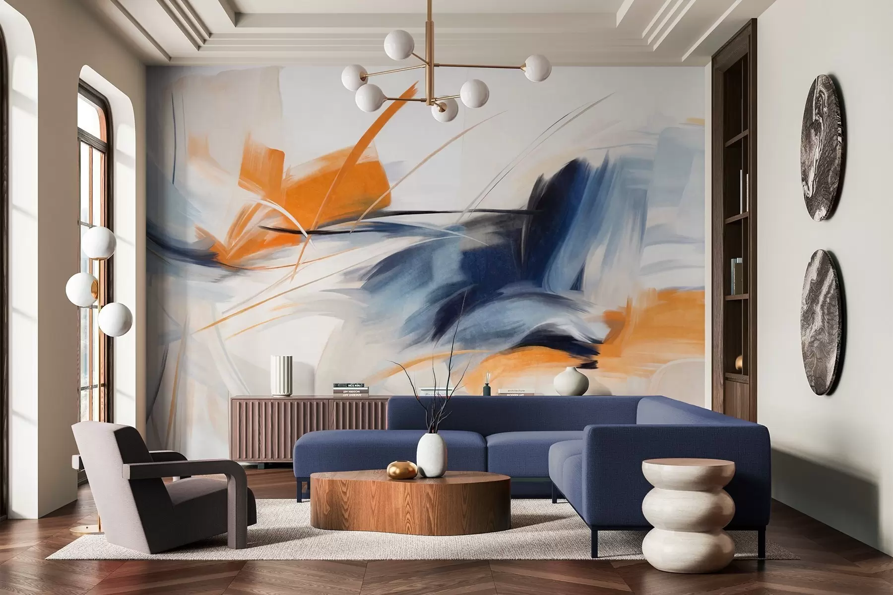 Фототапет Абстрактен стил на рисуване с оранжеви и сини текстурирани мазки w09755