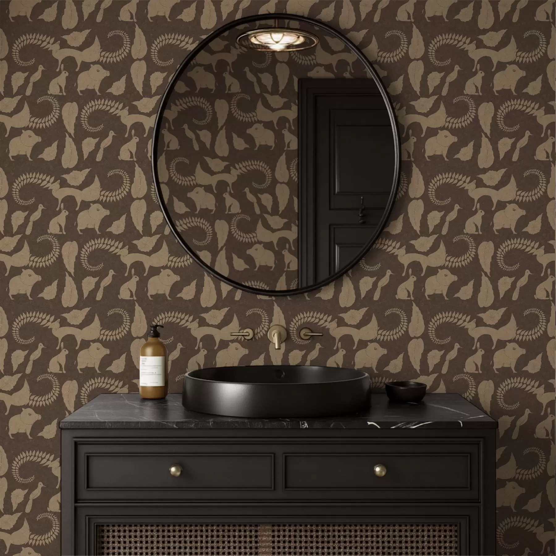 Фототапет Горски мотив с животни на кафяв фон a01121