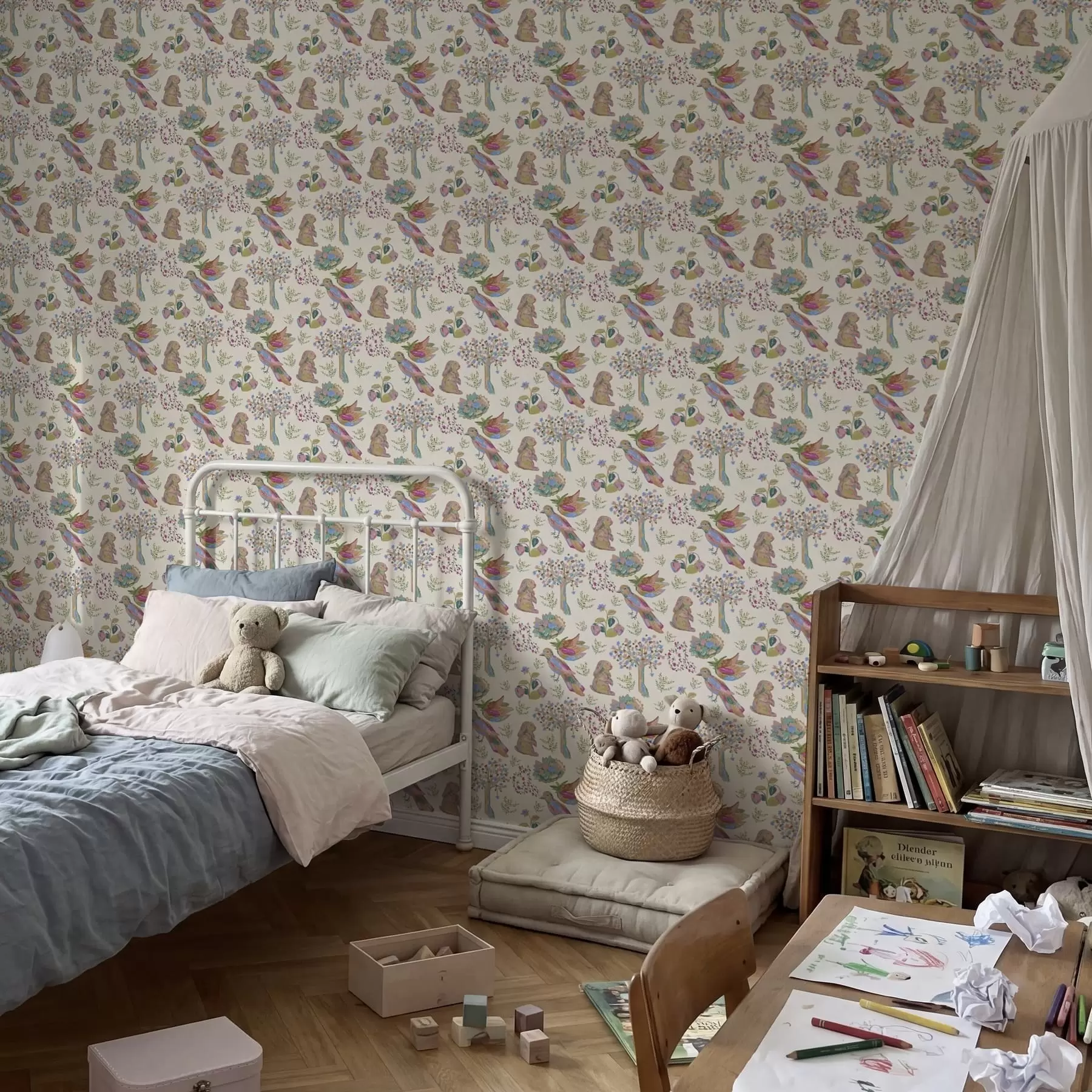 Фототапет Цветен детски мотив с птици и зайци a01127