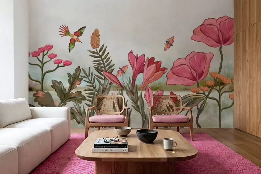 Фототапет Ярки цветя с птици и пеперуди w05321