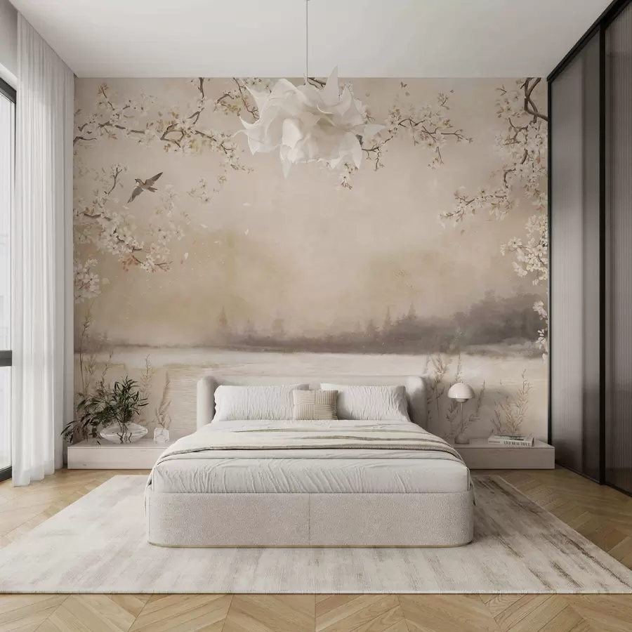 Фототапет Нежни цъфтящи клони край езерото с птици в лека мъгла w05155
