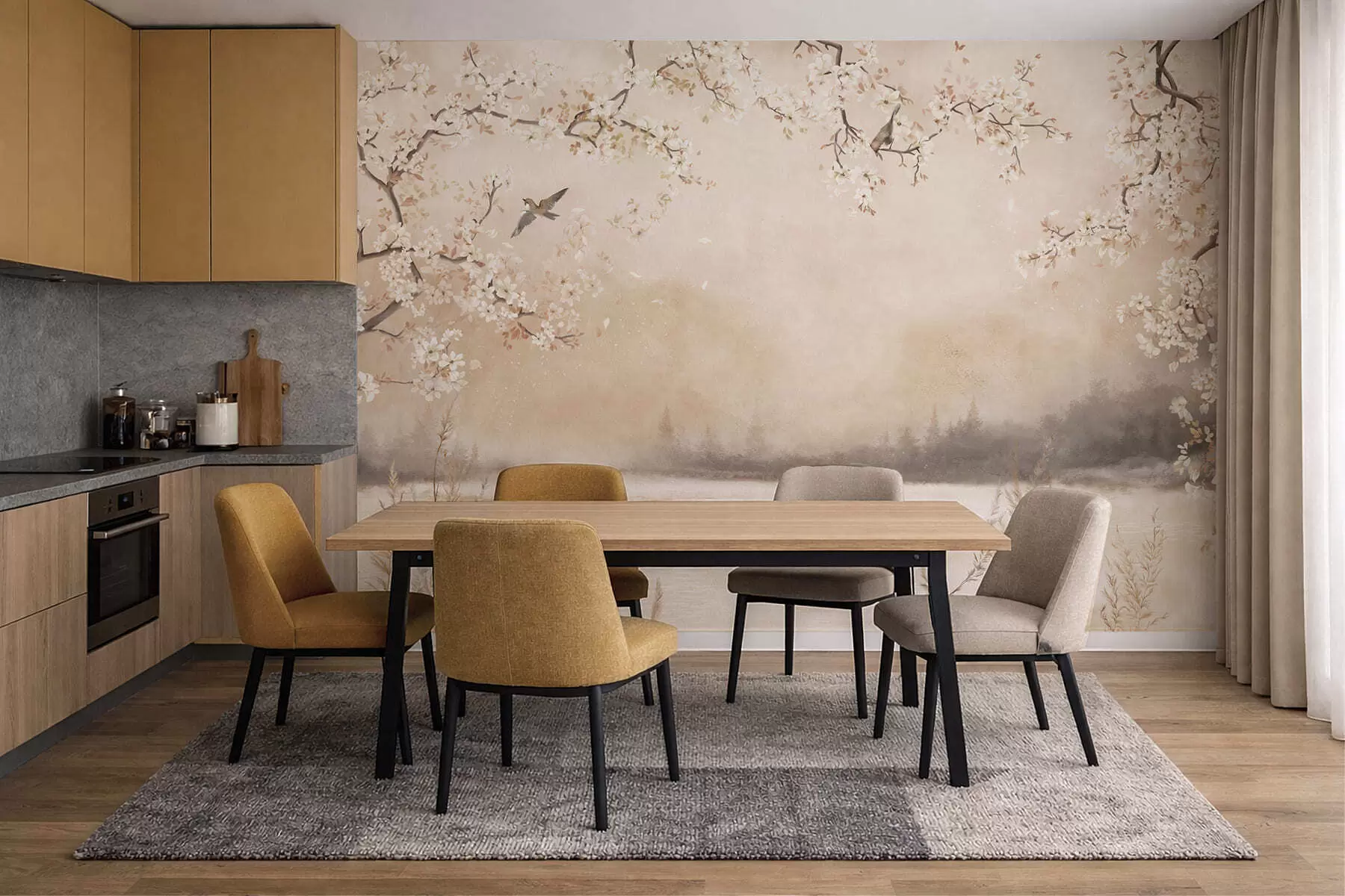 Фототапет Нежни цъфтящи клони край езерото с птици в лека мъгла w05155