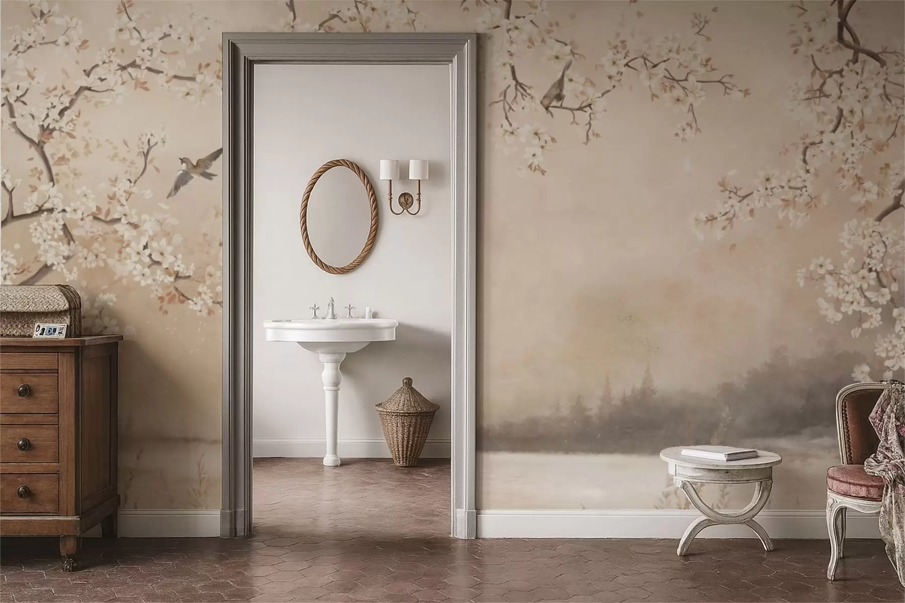 Фототапет Нежни цъфтящи клони край езерото с птици в лека мъгла w05155