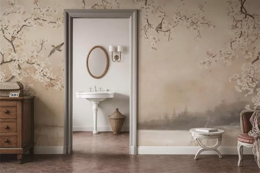 Фототапет Нежни цъфтящи клони край езерото с птици в лека мъгла w05155