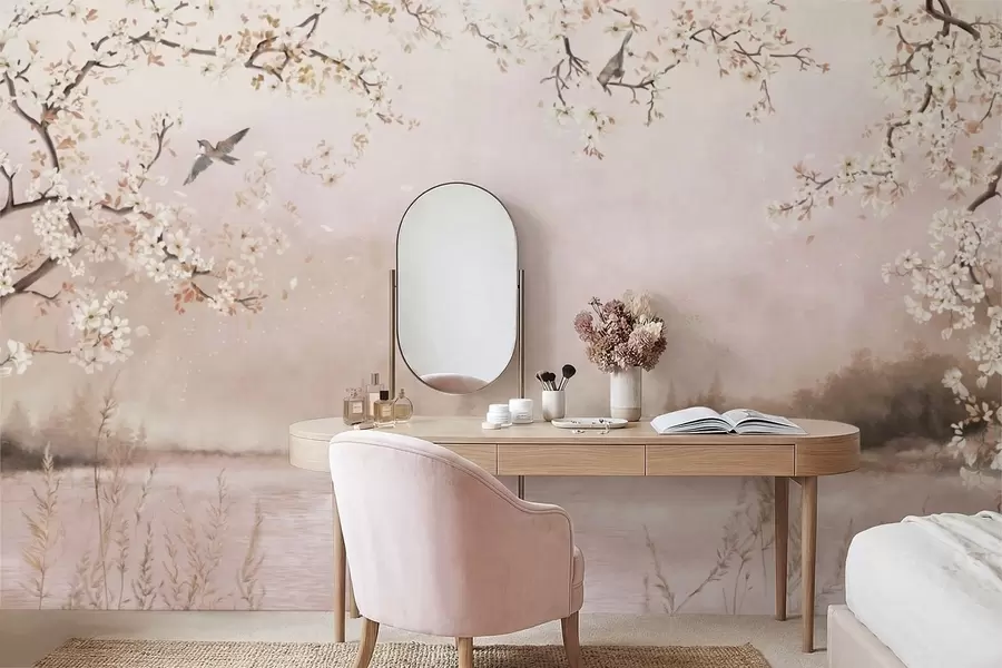 Фототапет Цъфтящи клони над спокойно езеро с птици в мъглата w05155v1