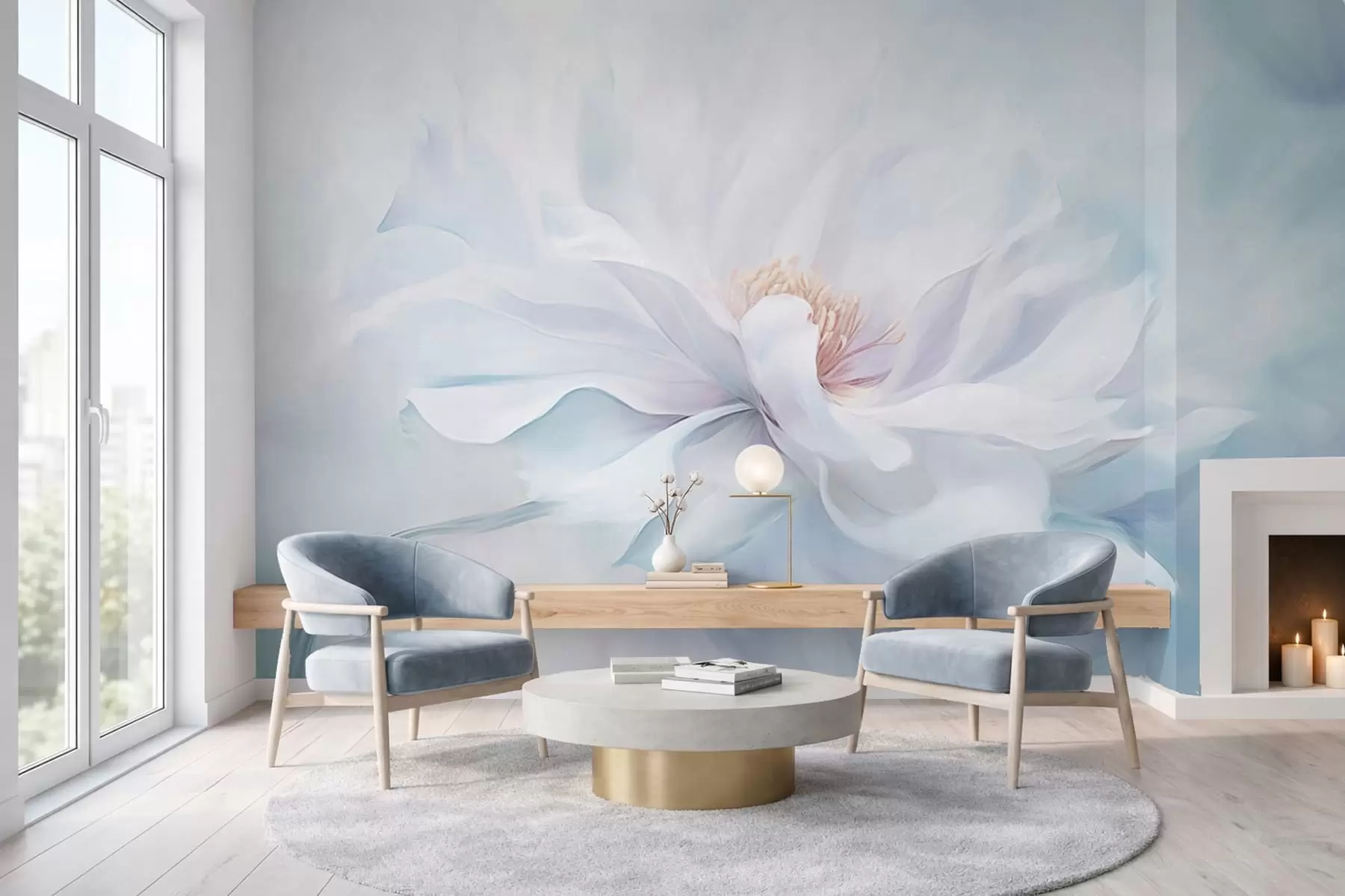 Фототапет Меко бяло цвете с плаващи венчелистчета на син фон w05354