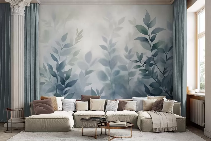 Фототапет Деликатни клони с приглушени сини листа, стил на акварелна живопис, текстурирано изкуство w09750v1