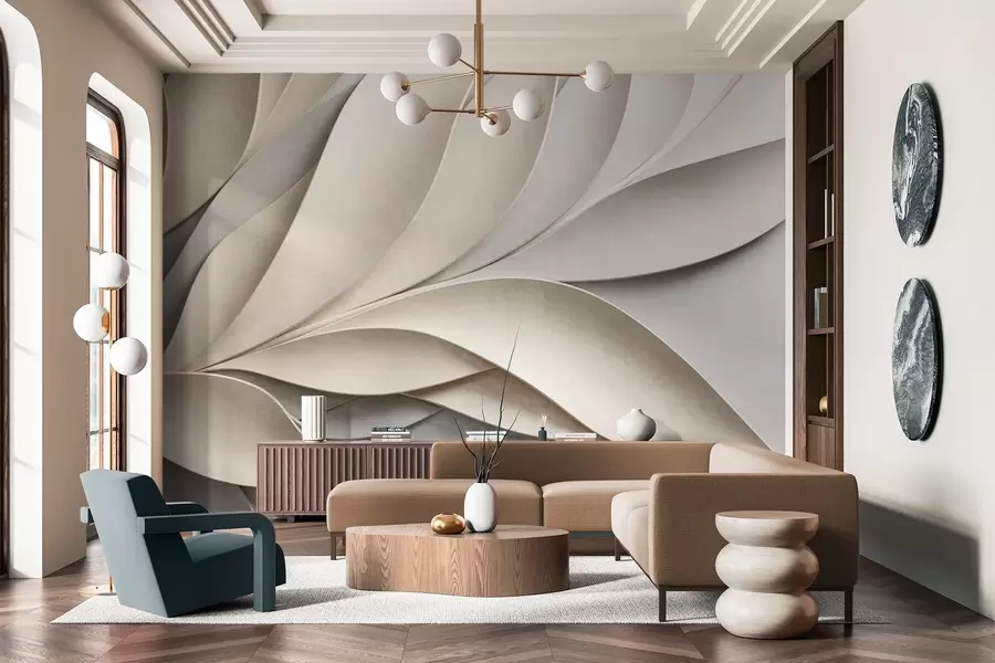 Фототапет Абстрактни листа в бежово и сиво, текстурирано модерно изкуство w09769