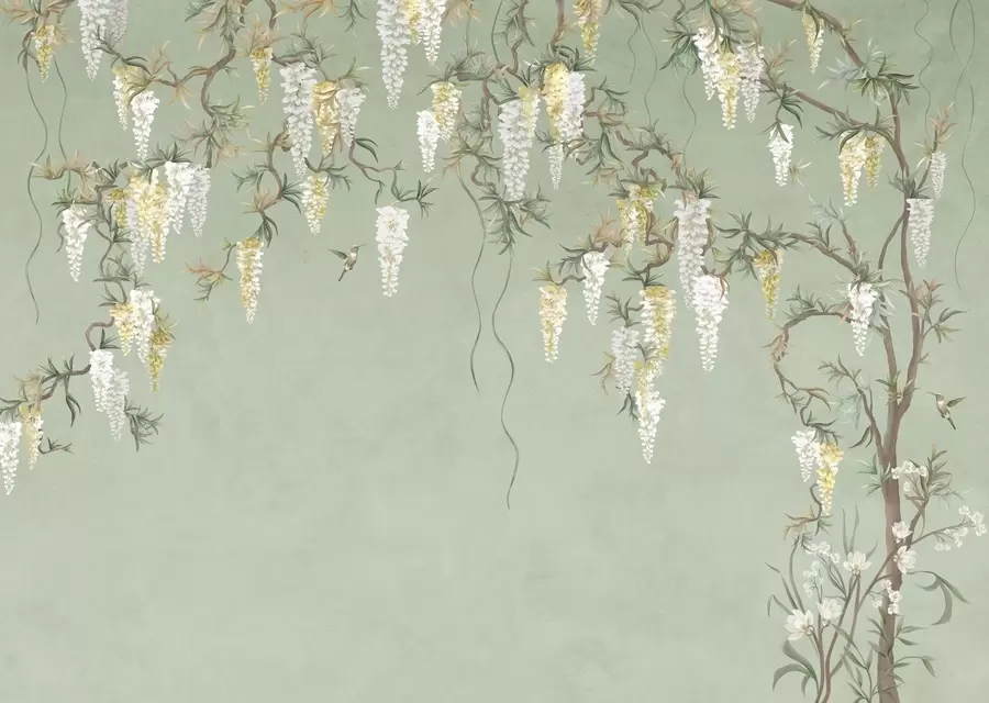 Фототапет Цъфтящи клони с бели цветове и птици на зелен фон w05394