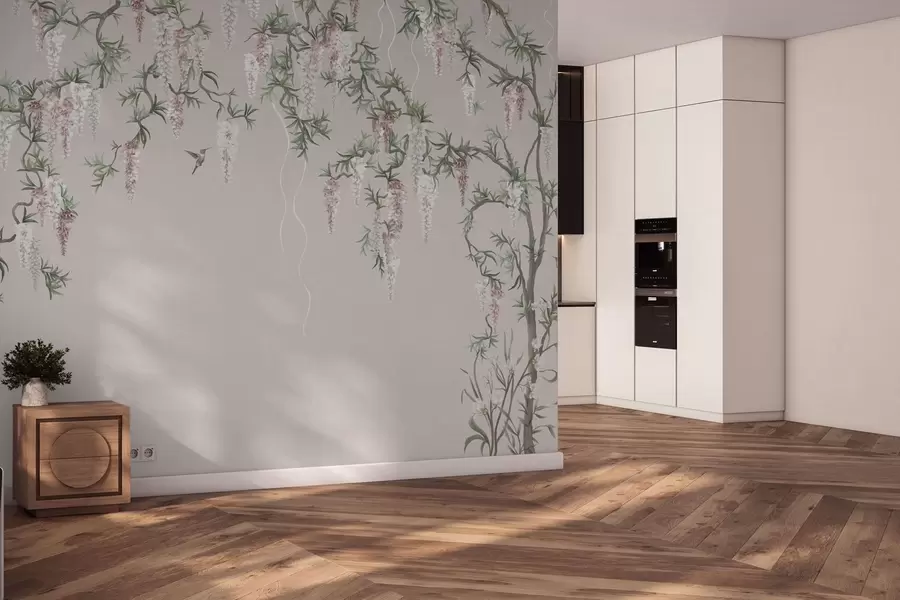 Фототапет Цъфтящи клони с розови цветове и птици w05394v1