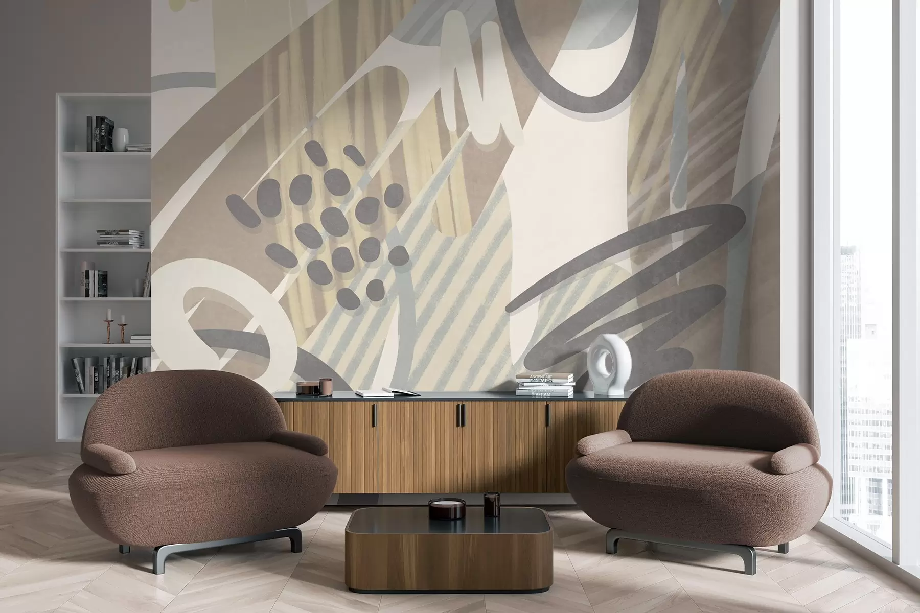 Фототапет Абстрактен принт с текстура, състоящ се от органични форми, драсканици и точки в приглушени пастелни цветове w09774