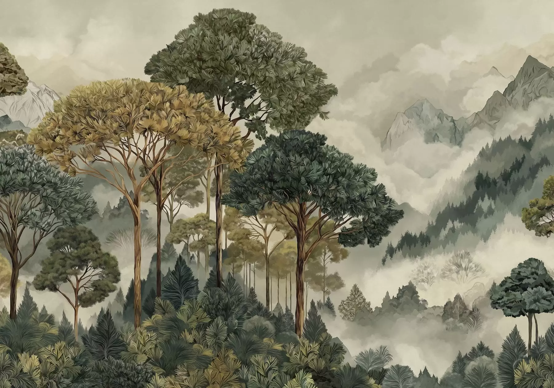 Фототапет Гора с високи дървета в мъгливи планини w05410