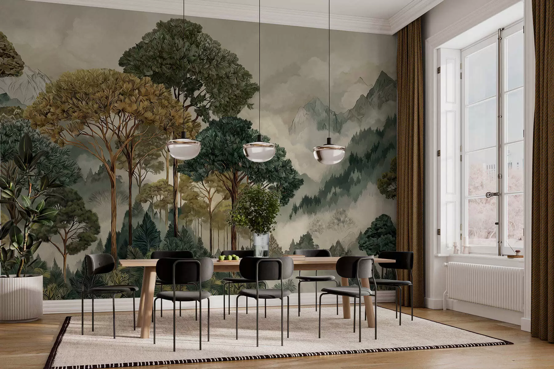 Фототапет Гора с високи дървета в мъгливи планини w05410