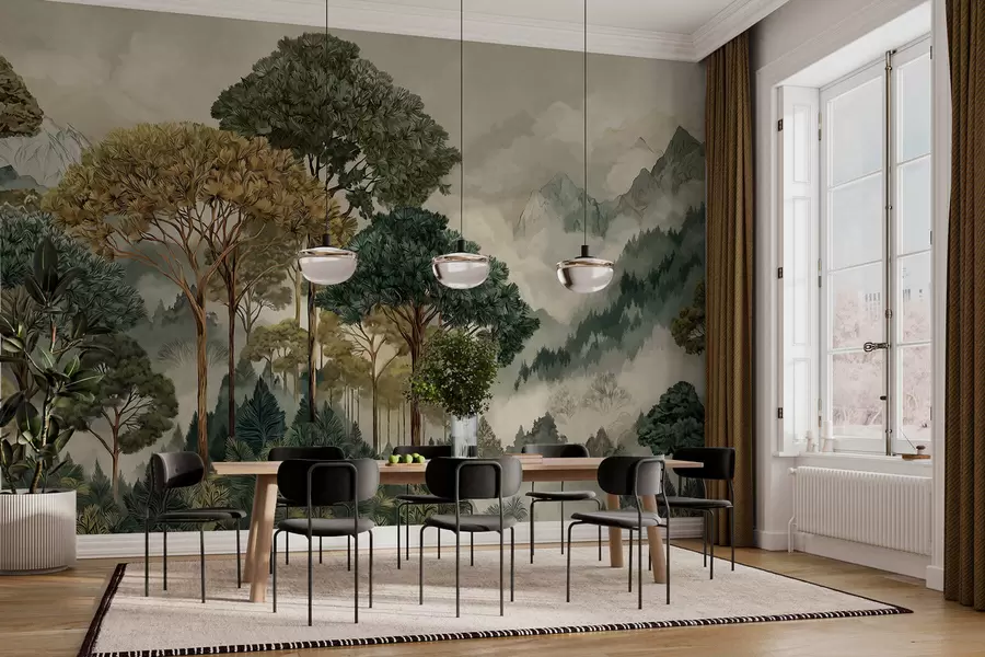 Фототапет Гора с високи дървета в мъгливи планини w05410