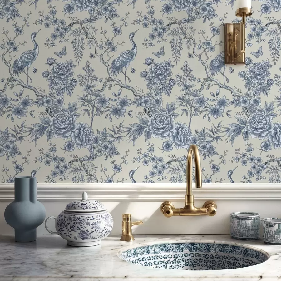 Фототапет Синьо флорално орнамент с птица и клони a01132