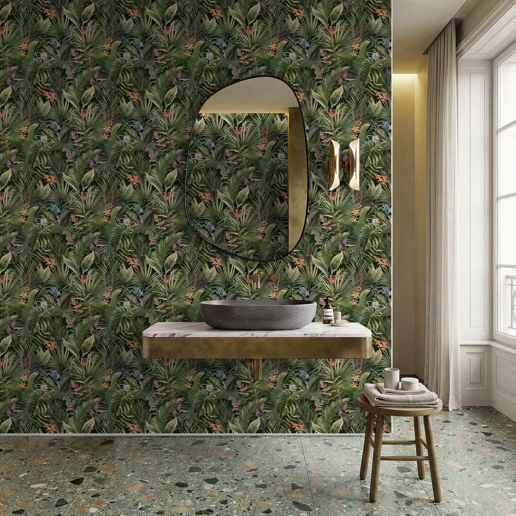 Фототапет Тропически листа с цветя на тъмен фон a01153