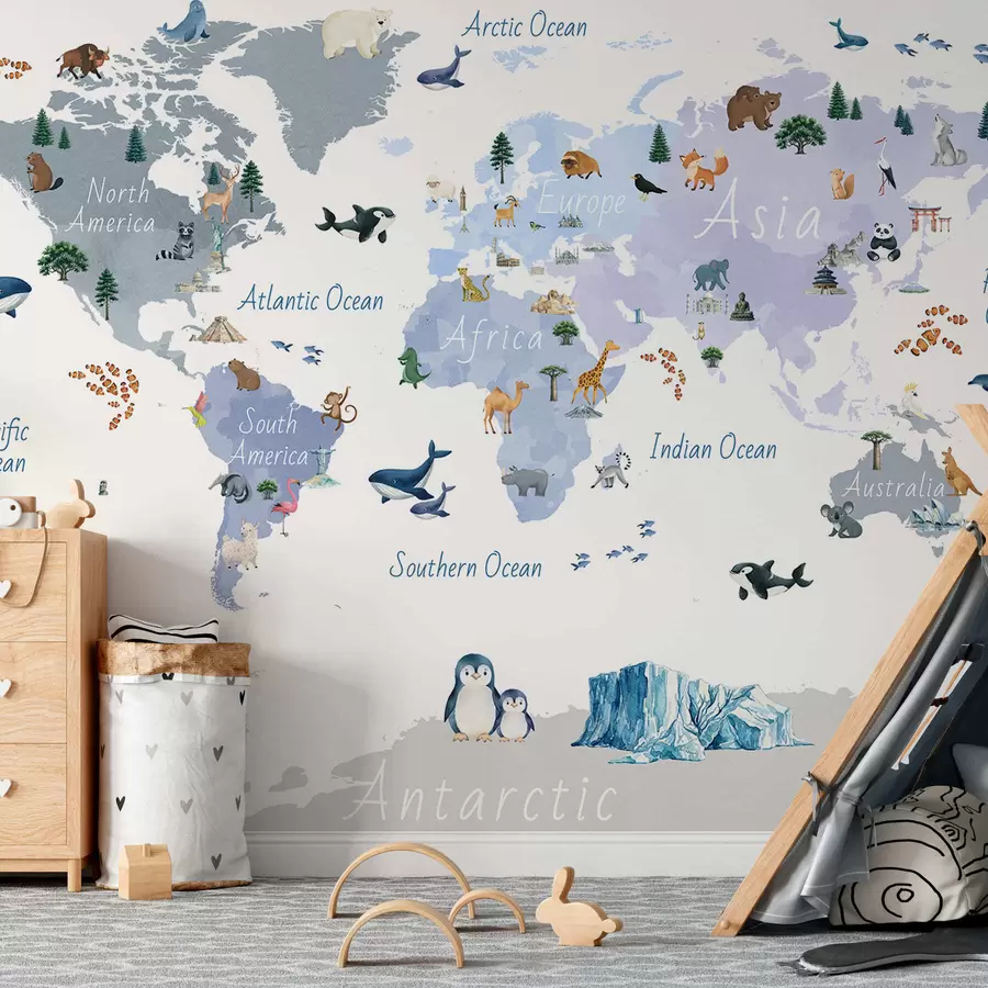 Фототапет Синя карта в стил акварел, изобразяваща животни, растения и архитектура. Надписи на английски език c00009env1