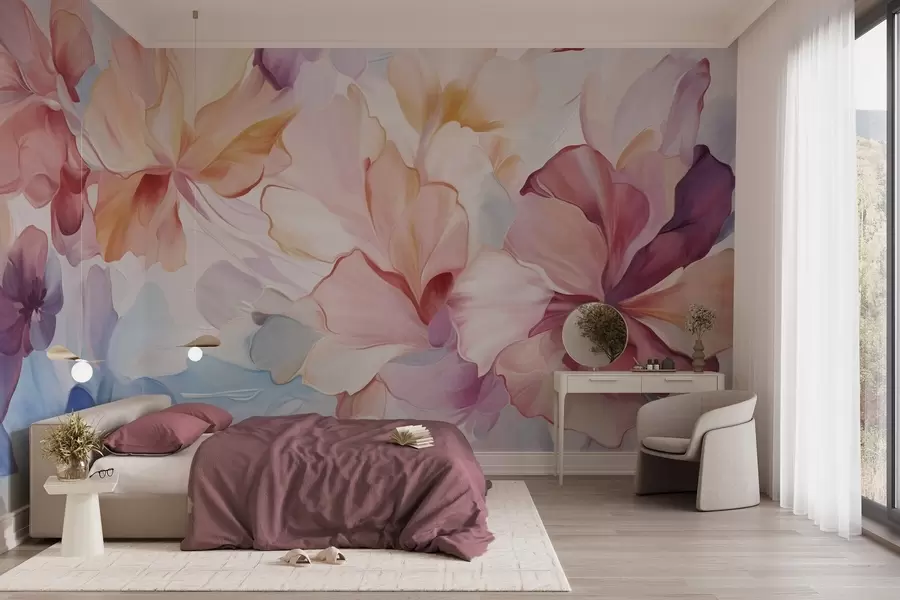 Фототапет Абстрактни фантазийни цветя в нюанси на розово, прасковено и лавандулово, изработени в стила на живописта, с текстуриран ефект w09767