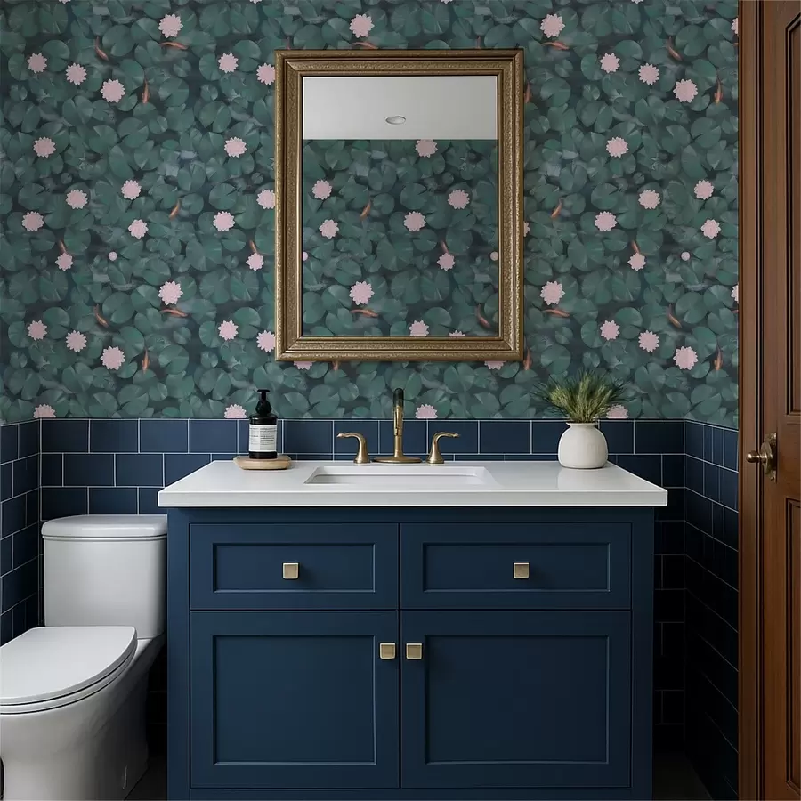 Фототапет Водни лилии с цветя и риби на тъмен фон a01177