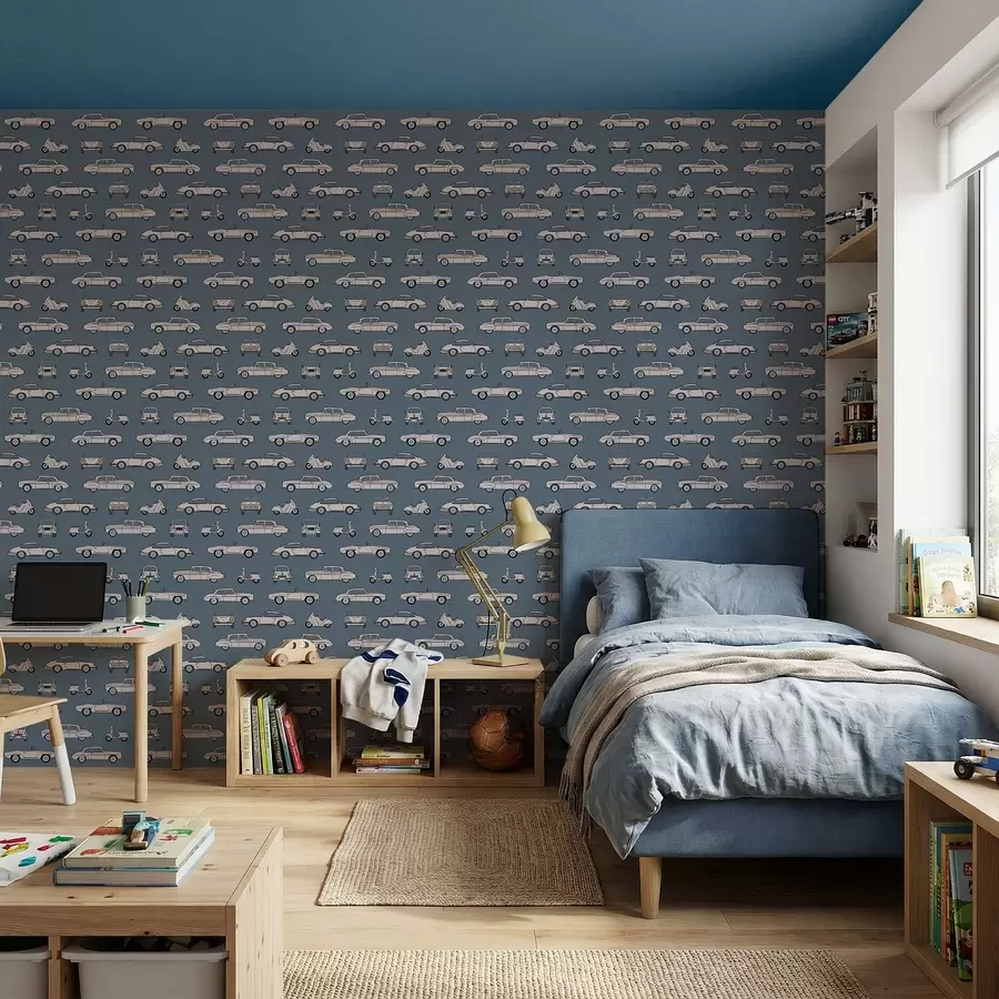 Фототапет Ретро автомобили и скутери на син фон a01178