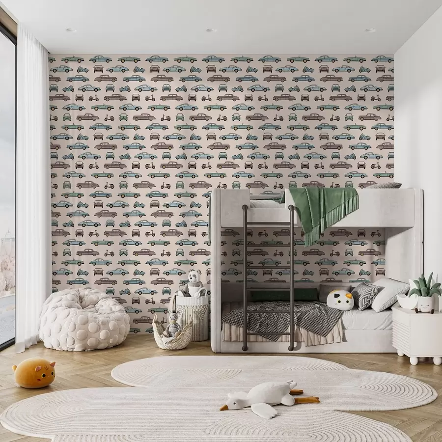 Фототапет Ретро автомобили и скутери на бежов фон a01178v1