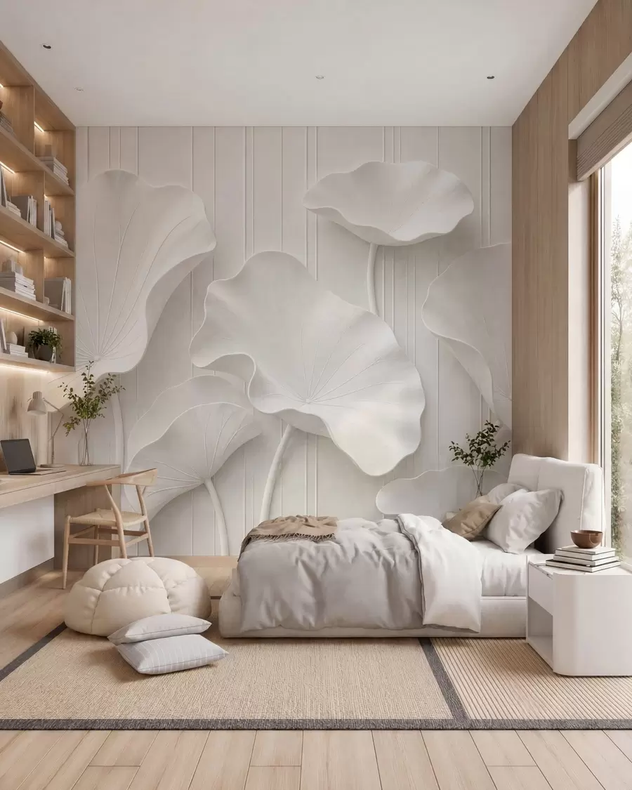 Фототапет Бял скулптурен флорален релеф с насложени листенца, елегантна 3D декорация за стена w05604