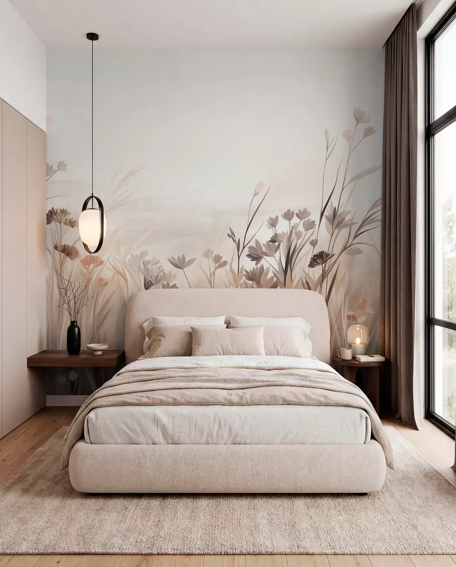Фототапет Поле с диви цветя в приглушени кафяви и бежови нюанси, с висока трева и нежни цветове w09872