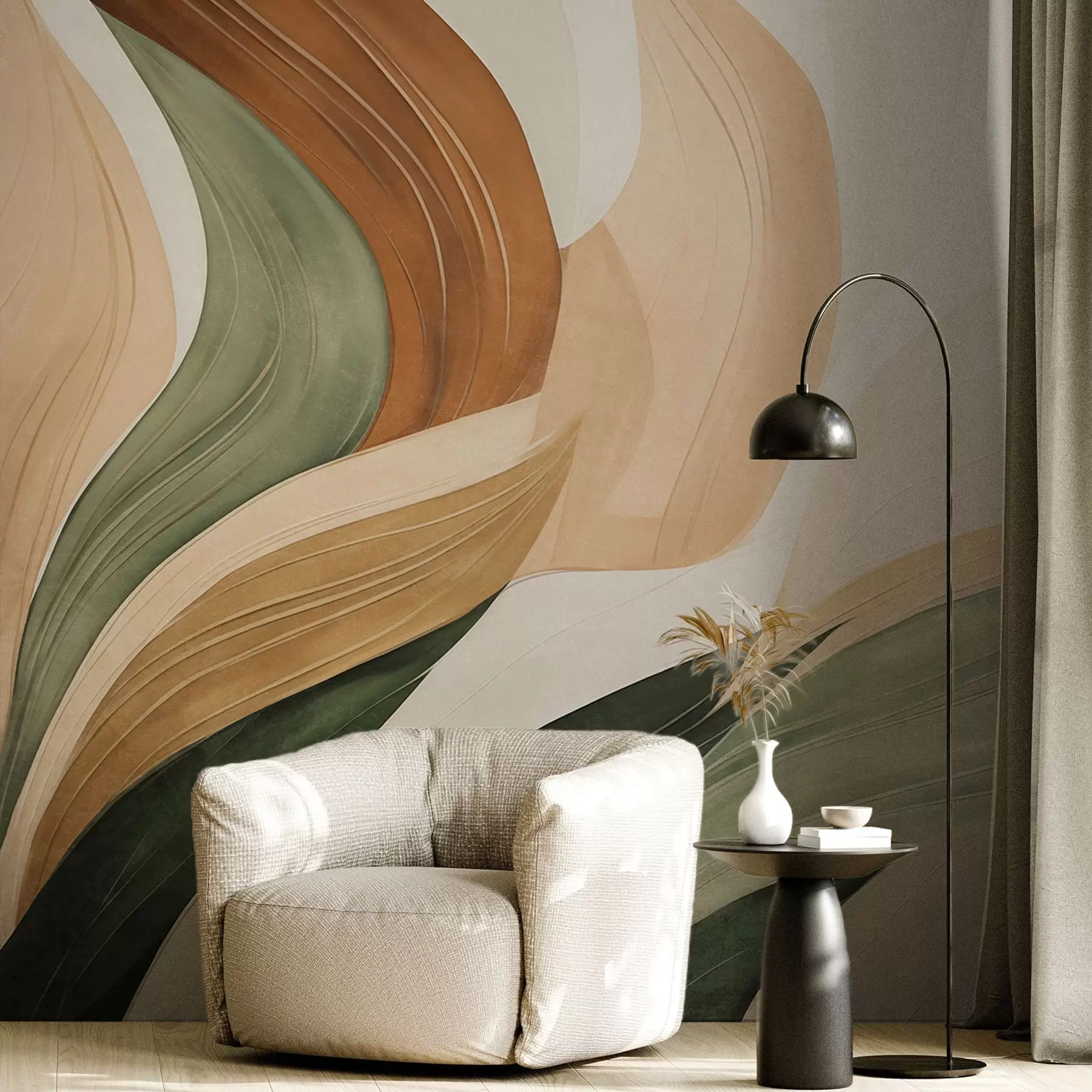 Фототапет Абстрактни органични форми в земни нюанси на зелено, кафяво и бежово с плавни текстури w09894