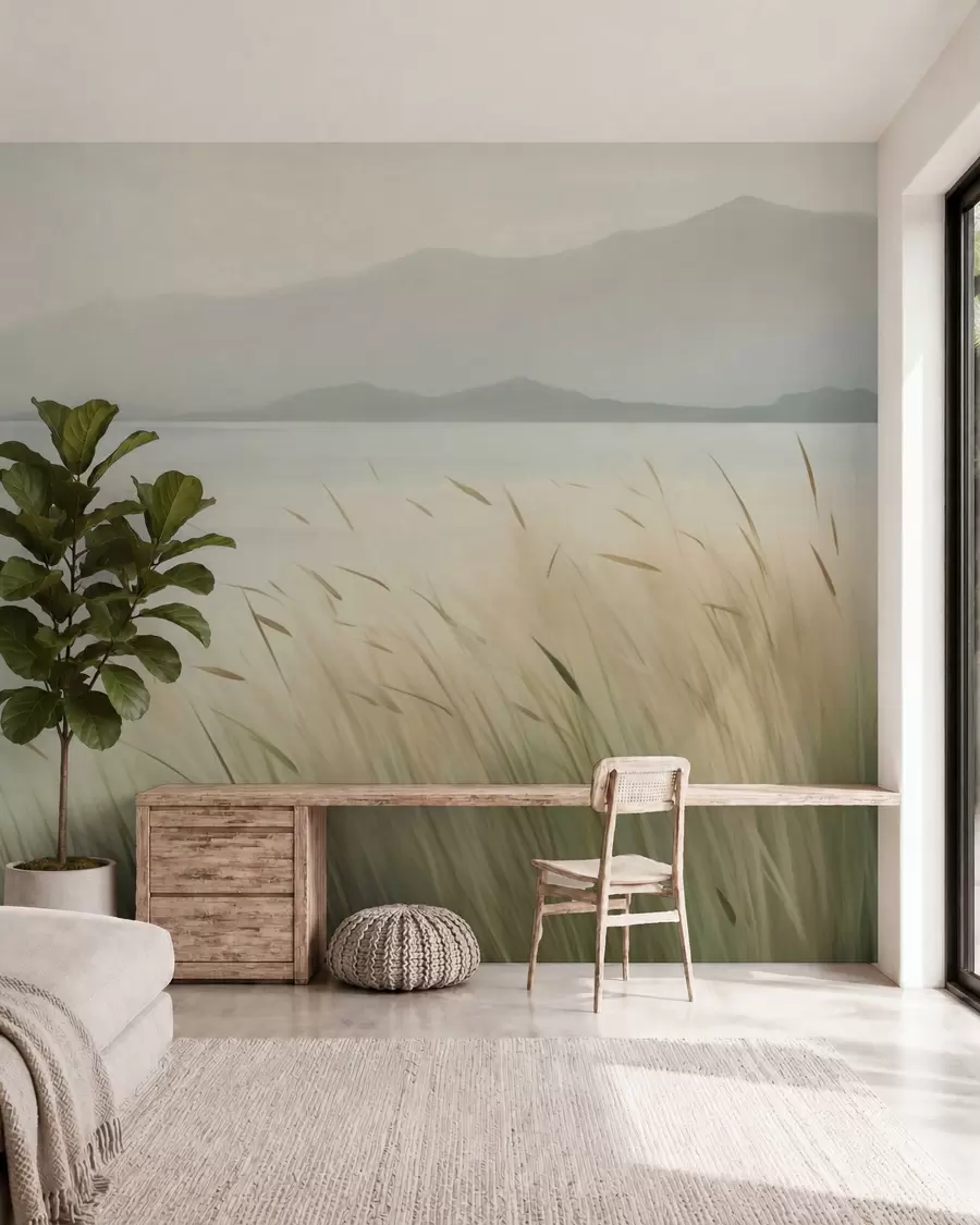 Фототапет Трева край езерото с планини на заден план w05668