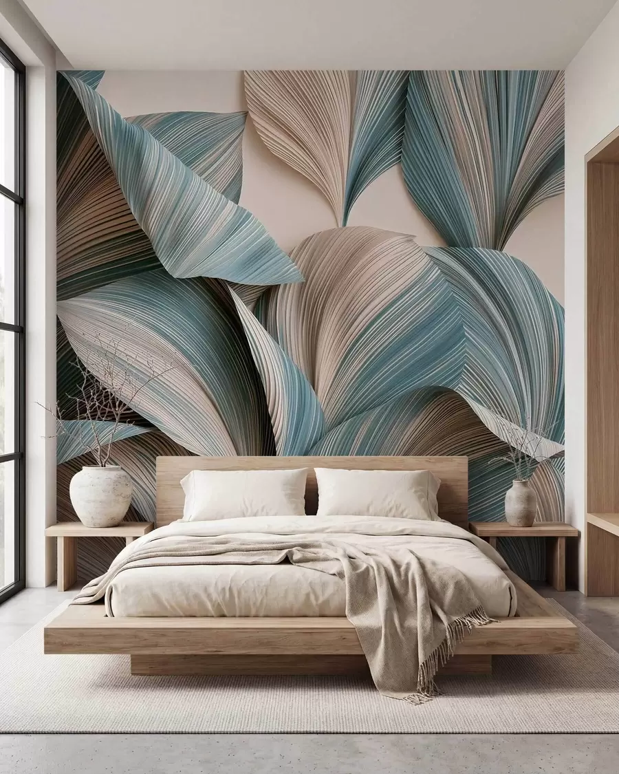 Фототапет Обемни тропически листа в спокойни бежови и сини нюанси w09914