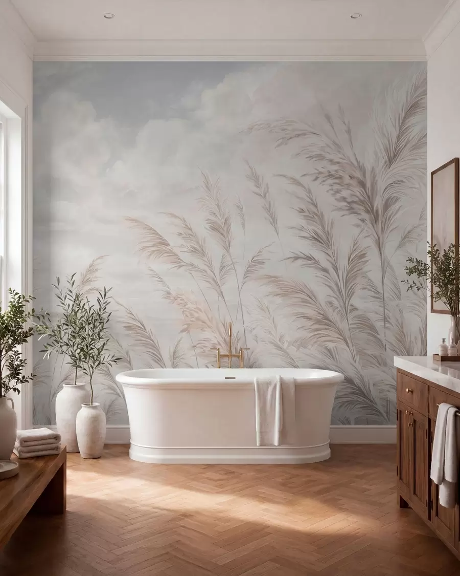 Фототапет Нежни треви край водата под леки облаци w05735v1