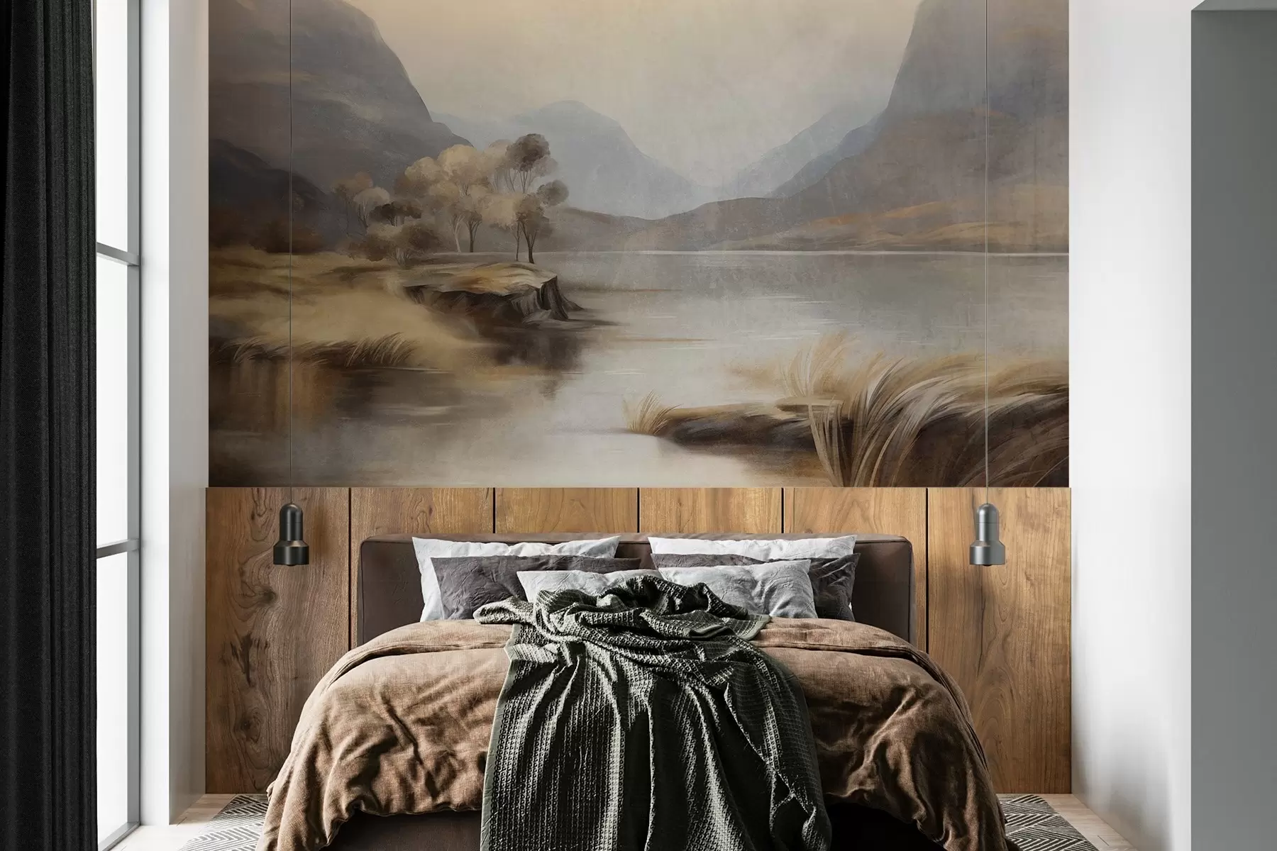 Фототапет Текстуриран, приглушен пейзаж, езеро с планини, висока трева w09978