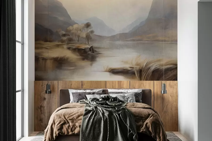 Фототапет Текстуриран, приглушен пейзаж, езеро с планини, висока трева w09978