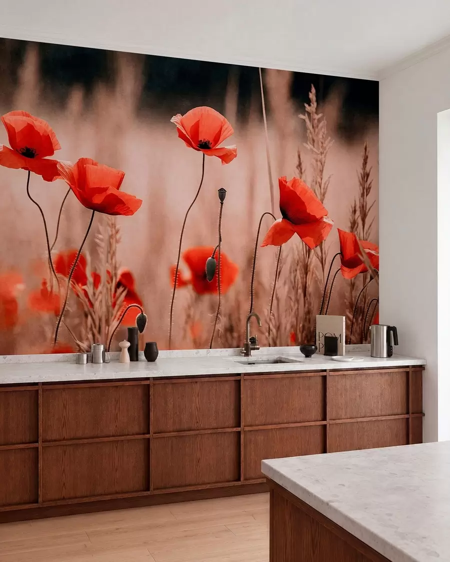 Фототапет Яркочервени макове сред изсъхналата трева w05866