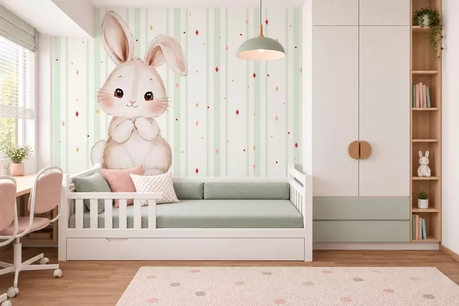 Фототапет Сладко зайче на фона на зелени ивици и ярки звезди w05920v2