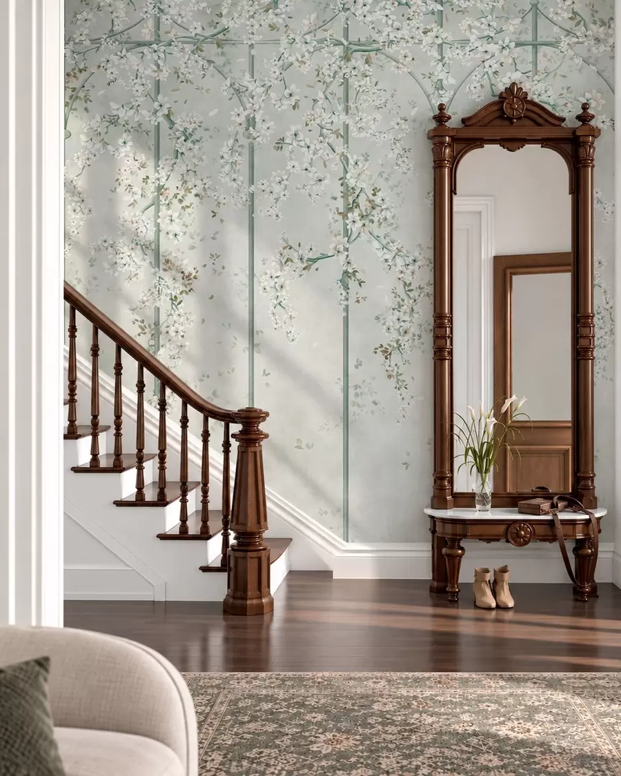 Фототапет Бели цъфтящи клони върху зелена декоративна пергола w05923v2