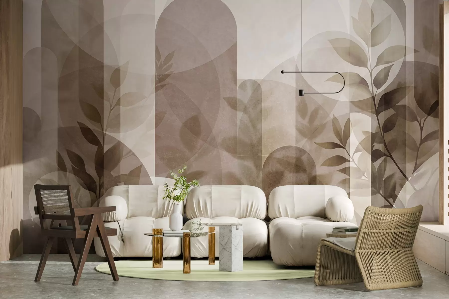 Фототапет Абстрактни геометрични елементи и нежни листа в приглушени кафяви и бежови нюанси w10088