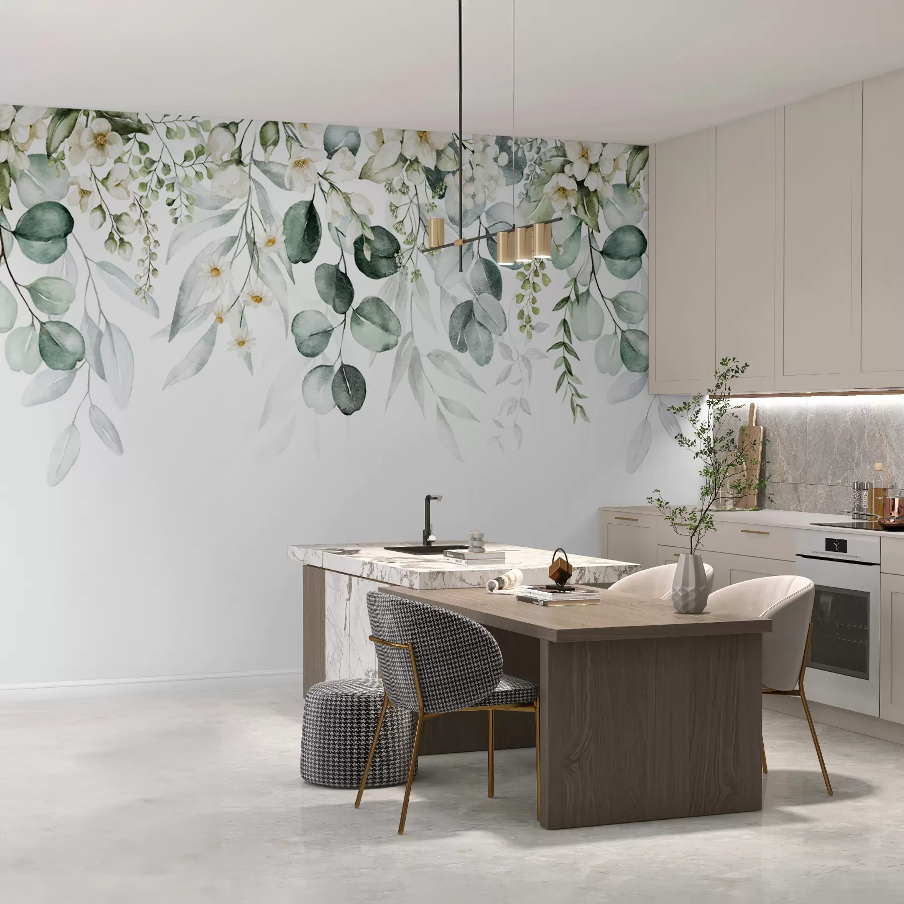 Фототапет Илюстрация със зелени листа, бели цветя, божур и клони u96063