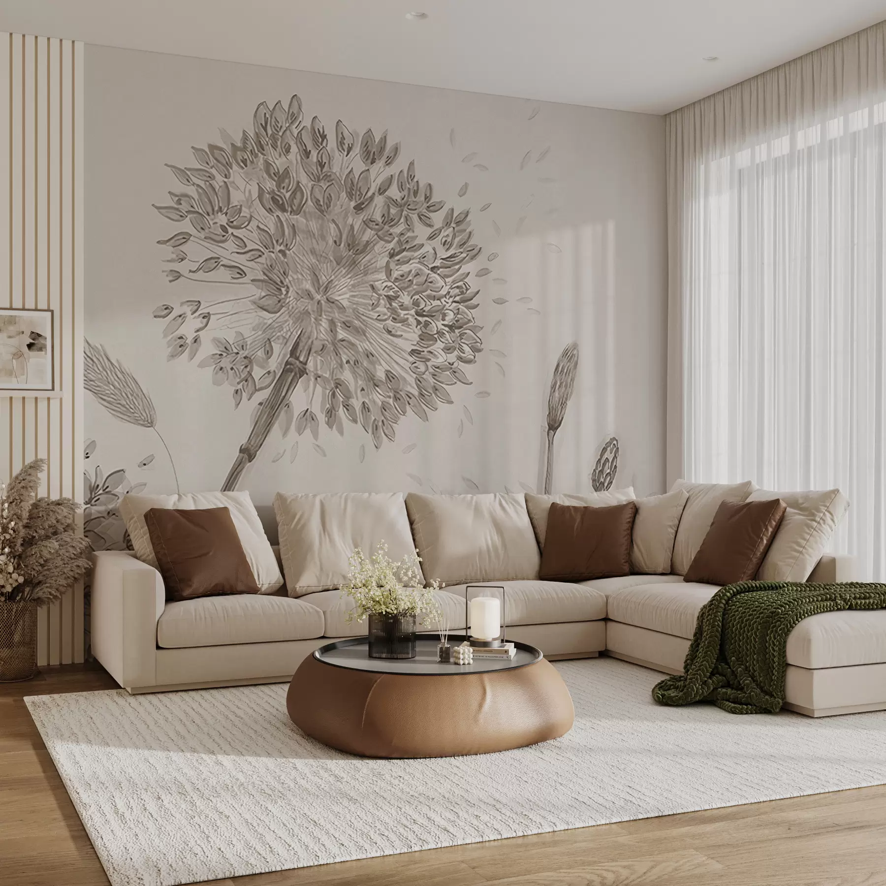 Фототапет Големи ливадни цветя от глухарчета монохромен стил таванско помещение минимализъм u96934