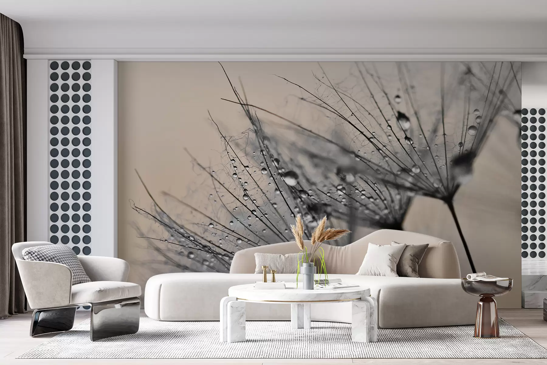 Фототапет Глухарчета със сиви водни капки u57557v2