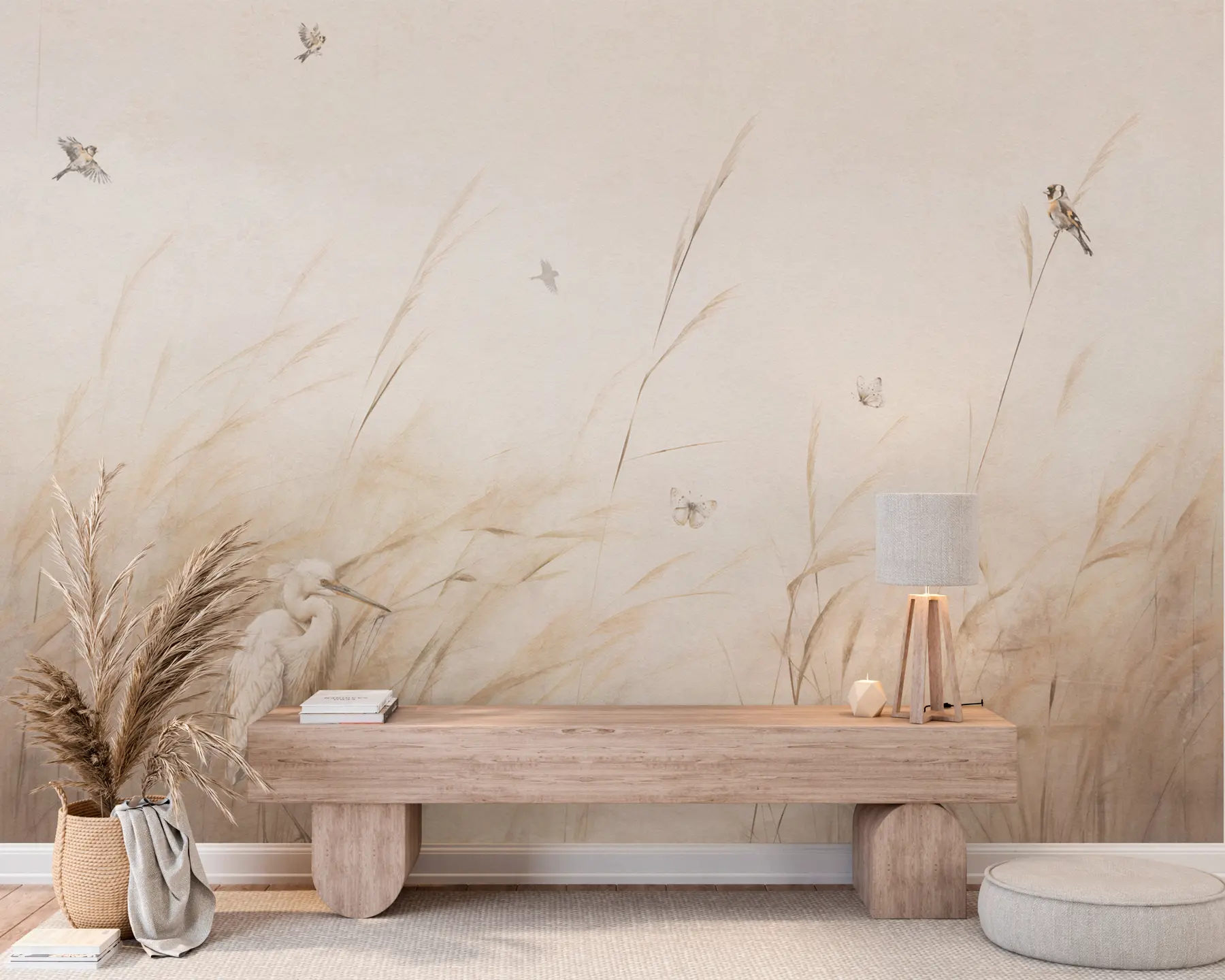 Фототапет Птици на езерото сред сухи цветя, растения и трева u98439